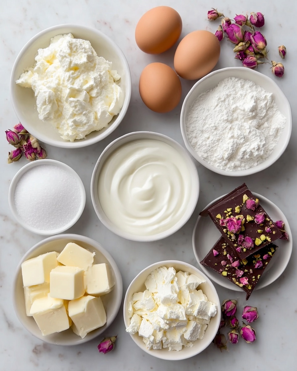 The image shows a flat lay of baking ingredients arranged on a white marbled surface. There are nine white bowls and plates containing different items: one bowl with soft white whipped cream, another with smooth white yogurt, a bowl of white powdery flour, a smaller bowl with white granulated sugar, a small plate of white crumbled cheese, another plate with cubed pale yellow butter, and one bowl with white crumbly cheese. Placed near the center are three brown eggs, and beside them are three dark chocolate squares topped with purple and green crushed rose petals. Small dried rose buds are scattered around the bowls, adding a touch of color. Photo taken with an iphone --ar 4:5 --v 7
