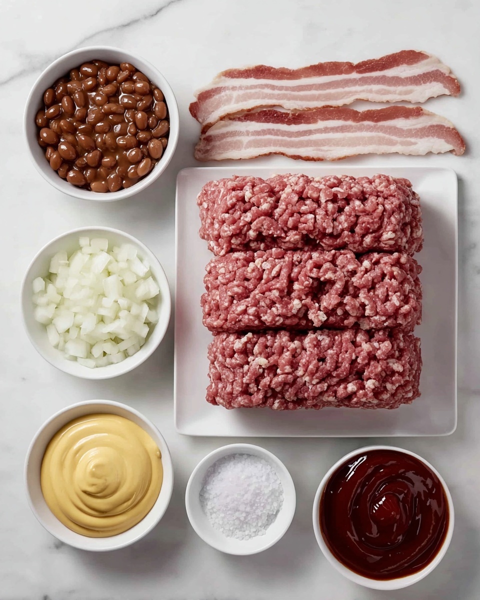 The image shows a white square plate with four thick layers of raw ground beef, bright red with a soft, uneven texture. Next to it, on a white marbled surface, are three strips of uncooked bacon with alternating pink meat and white fat stripes laid flat. Around these, five small white bowls hold ingredients: pale yellow mustard with a smooth, creamy texture, white granulated sugar, glossy dark brown baked beans filling the bowl to the top, finely diced white onions with a slightly translucent look, and coarse white salt in a very small bowl. The whole setup is neatly arranged on the white marbled surface, giving a clean and organized feel. photo taken with an iphone --ar 4:5 --v 7