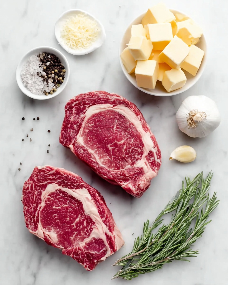 The image shows two raw ribeye steaks with red and white marbling placed side by side on a white marbled surface. Above the steaks, there is a white bowl filled with pale yellow cubes of butter. To the right of the steaks, a sprig of fresh green rosemary and a peeled clove of garlic lie close to each other. Below the steaks, a whole white garlic bulb is visible. To the left of the steaks, a small white bowl contains coarse salt with a few green dried herbs on top, and scattered next to it are black peppercorns. The overall scene is clean and bright, with natural colors and simple arrangement photo taken with an iphone --ar 4:5 --v 7