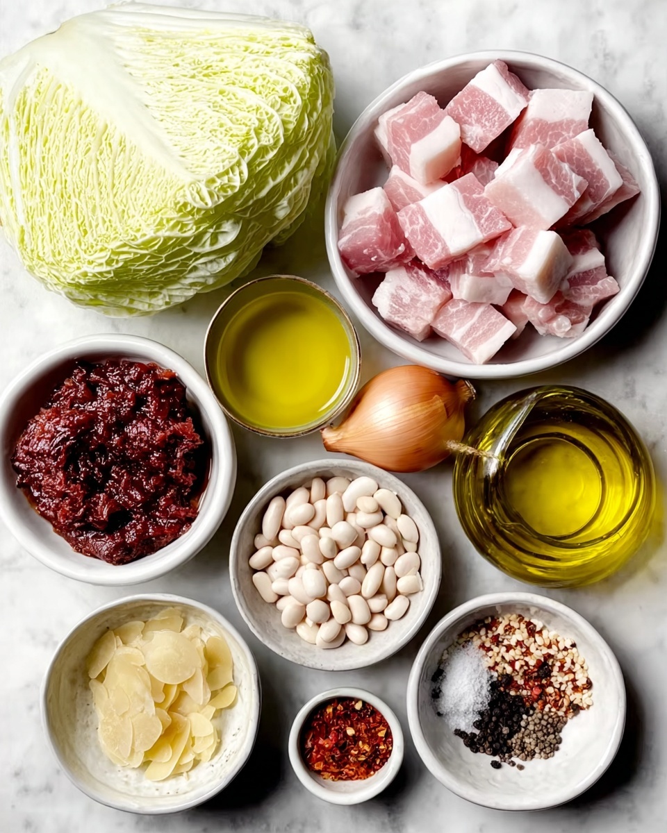 A white bowl holds a dish with two main layers: the bottom layer is made of cooked, soft cabbage pieces in light yellow and pale green shades, showing a glossy, tender texture; on top of the cabbage, there are light tan beans scattered along with small, crumbly chunks of browned, crispy-looking meat in a reddish-brown color. The bowl rests on a beige cloth with brown stripes, set on a white marbled surface. A spoon is partially visible inside the bowl, slightly buried under the cabbage. Photo taken with an iphone --ar 4:5 --v 7