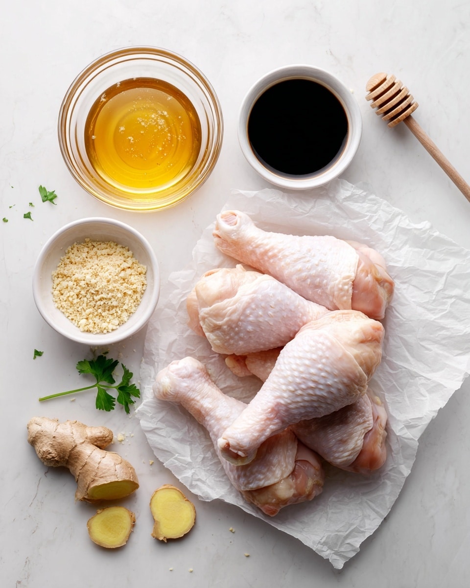 The image shows six raw chicken drumsticks stacked on a piece of white paper placed on a white marbled surface. To the left of the drumsticks, there is a small stack of layered ingredients: a small clear bowl of light beige chopped garlic with sesame seeds on top, a tiny jar of honey with a wooden honey dipper resting inside, and a larger clear bowl filled with golden amber liquid, likely honey or syrup. Above the drumsticks, a small white bowl with a speckled brown rim contains a dark soy-like sauce. At the bottom right corner, there are fresh ginger roots along with a couple of ginger slices, and to the bottom left, three garlic cloves, some peeled and some whole, are scattered on the surface. A sprig of fresh green parsley lies behind the top right of the drumsticks. The scene is lit with soft natural light, creating subtle shadows. Photo taken with an iphone --ar 4:5 --v 7