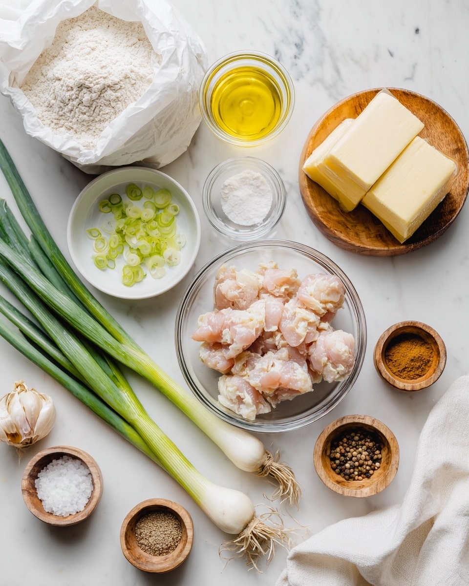 The image shows many ingredients placed on a white marbled surface, arranged neatly in a flat lay style. In the center, there is a clear glass bowl with raw pink chicken pieces. Surrounding it are several small containers and bowls: a white bowl filled with chopped green onions, a wooden dish holding three pieces of pale yellow butter, and a wooden bowl with white salt. There is a small glass jug filled with light yellow oil placed near the top center. A small jar of light brown powder and another jar with orange powder are also present, along with a glass jar tipped on its side spilling some light beige granules. Fresh green onions with white bulbs are on the bottom left. A crumpled white cloth is draped on the surface near the bottom and top right corners. The whole scene is softly lit and shows a clean, organized cooking setup. photo taken with an iphone --ar 4:5 --v 7