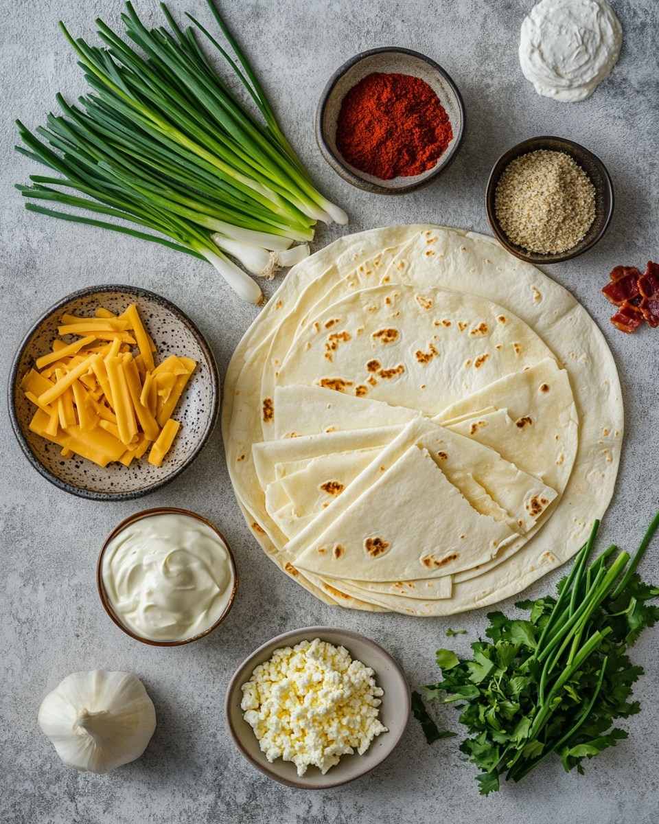 A close-up view of several taco shells standing upright together, filled with three layers: the bottom layer is shredded light-colored chicken, the middle layer is melted yellow cheddar cheese, and the top layer has small crispy pieces of reddish-brown bacon and scattered fresh green chopped scallions. The tacos are arranged closely on a white marbled surface. The image shows a rich mix of textures from creamy cheese, tender chicken, and crunchy bacon. photo taken with an iphone --ar 4:5 --v 7
