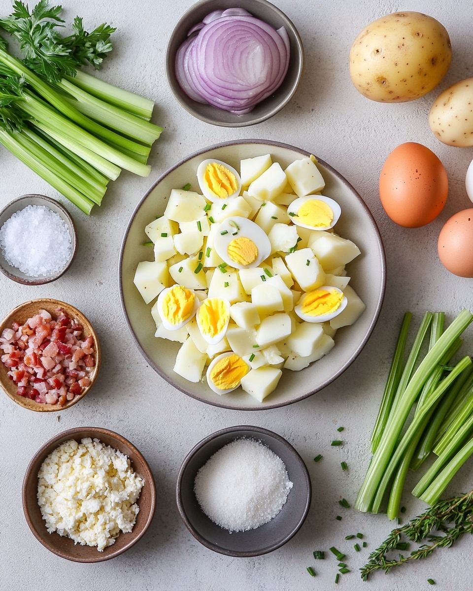 A clear glass bowl filled with creamy potato salad. The salad contains halved yellow potatoes coated in a thick white dressing with finely chopped green herbs mixed throughout. Scattered on top are small pieces of crispy brown bacon and diced purple red onions, adding contrast in color and texture. The bowl is placed on a white marbled surface with blurred background elements including green onions and a pepper mill. Photo taken with an iphone --ar 4:5 --v 7