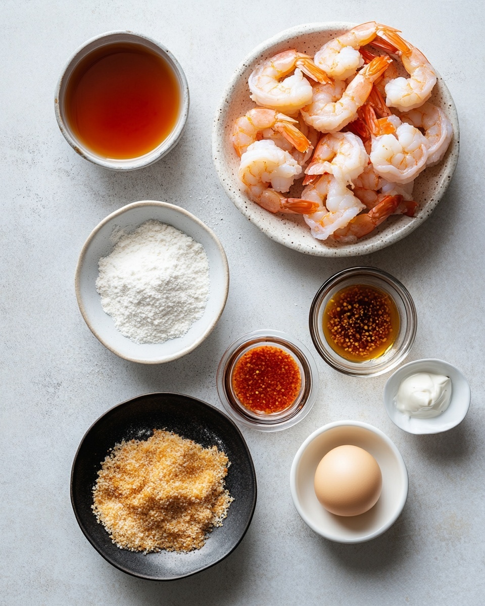 A pile of golden brown fried shrimp sits in the center of a white plate. The shrimp are crispy with a rough, crunchy texture, stacked in layers that show their curled shapes and tails. A creamy, orange sauce is drizzled lightly over the shrimp, adding a smooth, shiny layer on top. Small green herb bits are scattered over the shrimp, giving pops of color. Behind the plate is a small bowl with more bright orange dipping sauce. The whole scene is set on a white marbled surface with a striped black and white cloth to the side. Photo taken with an iphone --ar 4:5 --v 7