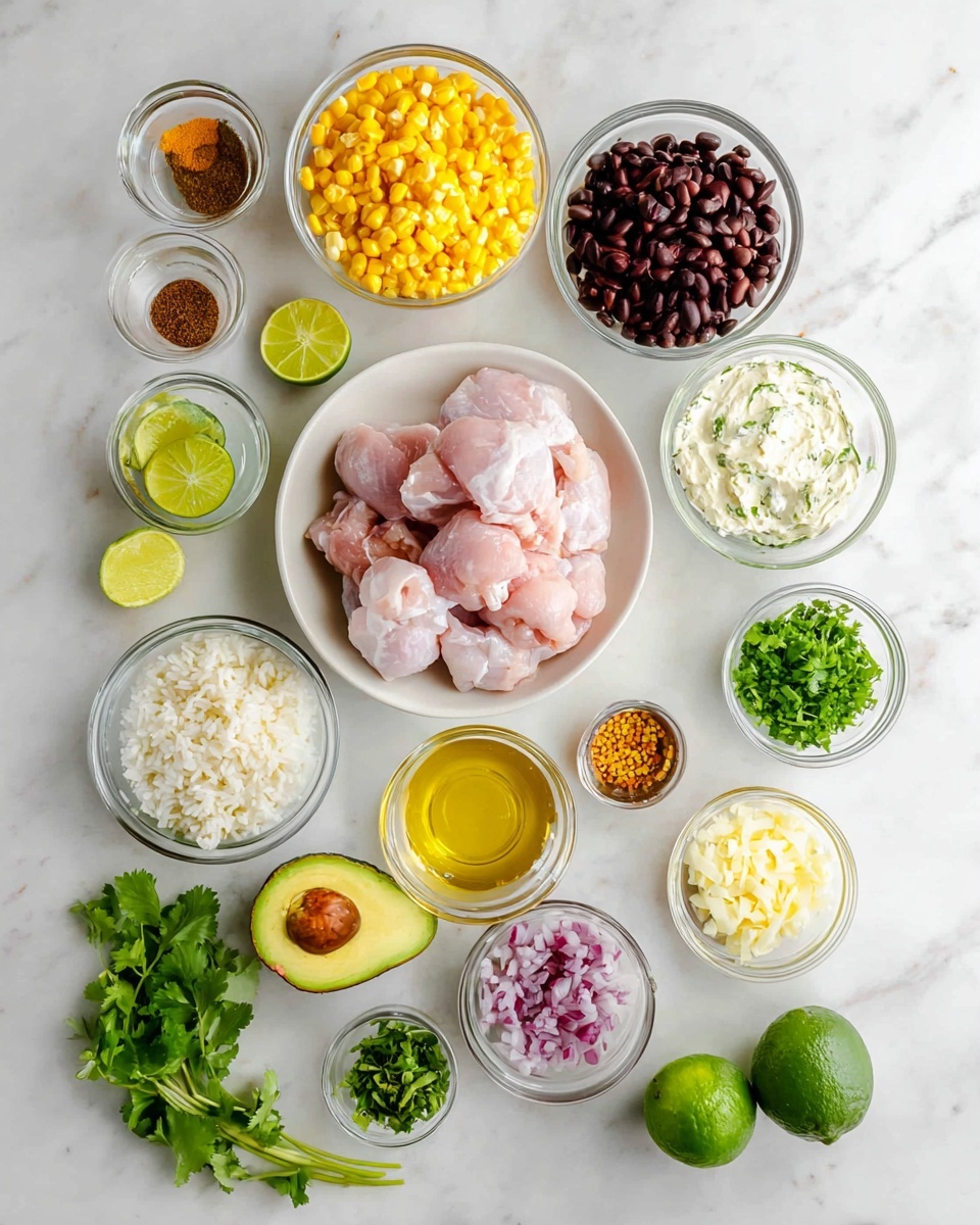 The image shows various ingredients neatly arranged on a white marbled surface. At the center, there is a white plate holding raw pink chicken thighs. Surrounding it are clear glass bowls with bright yellow corn kernels, dark brown beans, white rice mixed with green herbs, creamy white sour cream, finely chopped red onions, chopped fresh green cilantro, and light green lime zest. Two whole ripe avocados with dark green bumpy skin lie below the chicken plate. Two whole bright green limes sit near the bottom right. Additional small glass bowls contain yellow olive oil, light brown honey, dark red chipotle sauce, reddish-brown dried chipotle peppers, red paprika powder, white salt, black pepper, and a light orange seasoning powder. The overall layout is clean and colorful, with fresh and raw ingredients ready for cooking photo taken with an iphone --ar 4:5 --v 7