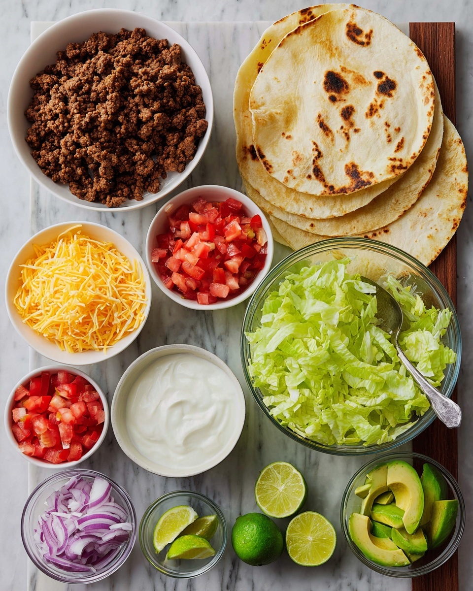 The image shows a taco setup with several white bowls and a large glass bowl, all placed on a white marbled surface. There are two folded, lightly browned tortilla cups on the top right side. On the top left, a white bowl is filled with browned ground meat with a crumbly texture. Below it, a smaller white bowl holds shredded yellow cheese. A medium white bowl contains bright red chopped tomatoes, positioned near the center. In front of the tomato bowl, there are lime wedges arranged in a small group. To the right and taking the foreground, a large glass bowl is full of chopped light green lettuce. Near the bottom, a round transparent bowl contains diced purple onions, and next to it, a white bowl holds diced green and yellow avocado pieces. A white bowl filled with smooth white sauce with a spoon rests near the cheese bowl. Photo taken with an iphone --ar 4:5 --v 7