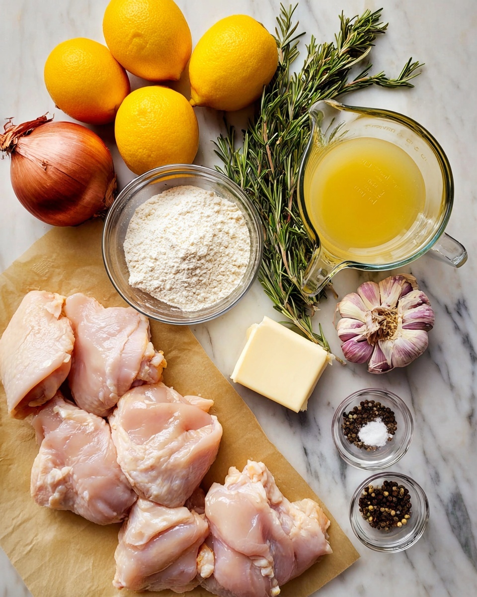 A white marbled surface holds several cooking ingredients. At the bottom right, there are three raw chicken pieces placed on brown parchment paper. Above them and slightly to the left, fresh green rosemary sprigs lie next to a small glass bowl filled with white flour. Near the center is a small red shallot, and to its right, three garlic cloves with purple skin are near a somewhat peeled garlic bulb. At the top right is a clear glass measuring cup with pale yellow chicken broth. Next to it are two small clear bowls, one with coarse black pepper and the other with white salt. At the top center, there are two whole lemons, one whole and one sliced in half to show its yellow flesh. A small block of butter on a piece of parchment paper sits near the top left. Photo taken with an iphone --ar 4:5 --v 7