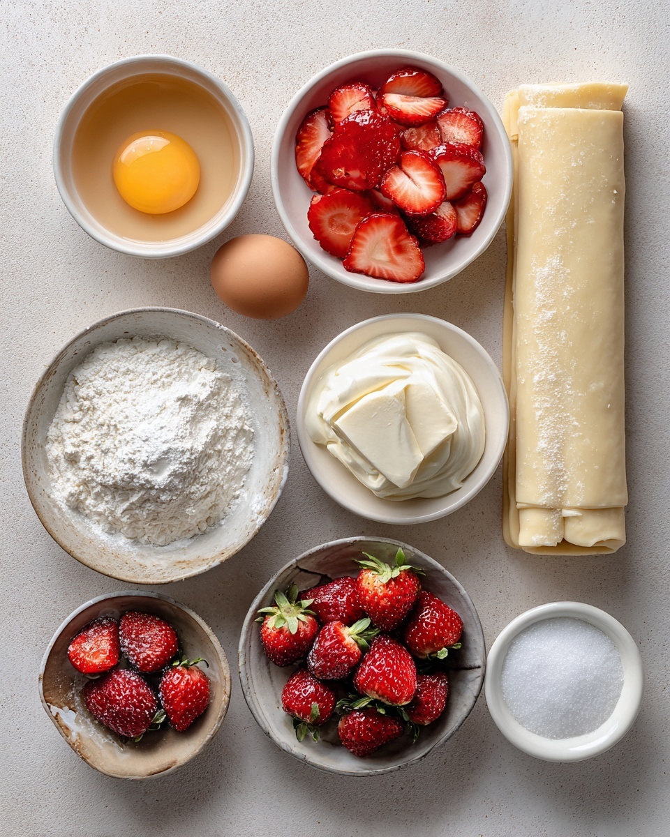 The image shows several triangular puff pastries arranged on a white marbled surface. Each pastry has two layers: the bottom layer is a golden-baked, flaky puff pastry, thick and textured, topped with a generous swirl of white whipped cream. Fresh red strawberry slices are placed between the cream and the top triangular puff pastry, which is dusted lightly with powdered sugar. Whole strawberries with green leaves are scattered around the pastries, adding a bright red contrast. The scene is bright and crisp, focused closely on the pastries' textures and colors. photo taken with an iphone --ar 4:5 --v 7