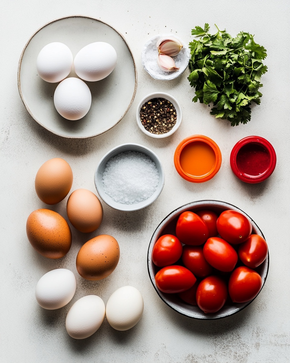 A black plate holds a dish with three main parts. On the left side, there is a thick layer of red tomato sauce mixed with small pieces of green peppers and white cheese chunks, with two sunny-side-up eggs partially covered by the sauce, their bright yellow yolks visible and sprinkled with black pepper. Fresh green cilantro leaves are scattered on top of the tomato mixture, adding a splash of color. On the right side of the plate, there are two slices of brown bread, each spread with smooth, melted butter showing a shiny texture. The plate is set on a white marbled surface with a striped cloth nearby. Photo taken with an iphone --ar 4:5 --v 7