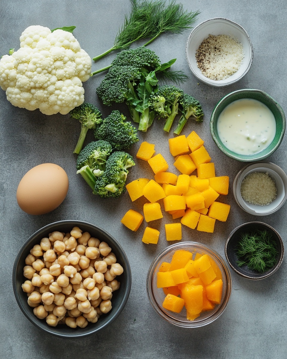 A white bowl filled with a mixture of roasted broccoli, cauliflower, and cubed orange sweet potatoes spread throughout, along with golden chickpeas scattered on top and in between. Three browned meatballs are placed in the front, with fresh green herbs sprinkled across the dish. Two creamy dollops, one white with green herb flecks and one vibrant red sauce, sit on the broccoli near the center. A fork rests inside the bowl on the right side, and parts of a baking tray with more vegetables and small white bowls of sauce are visible in the background on a white marbled surface. photo taken with an iphone --ar 4:5 --v 7