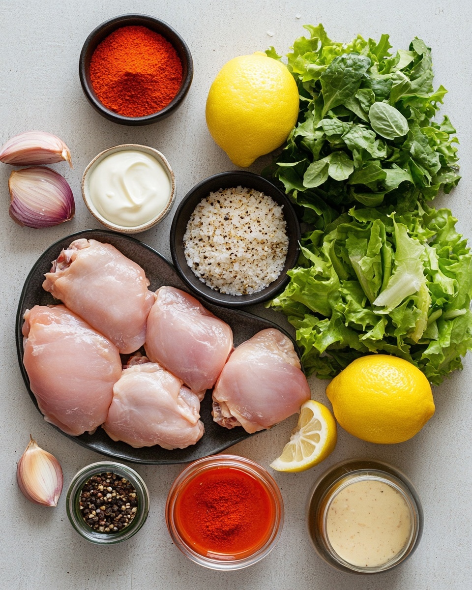 Two rectangular glass containers sit on a white marbled surface, each filled with a colorful salad. The bottom layer in both containers is shredded green lettuce, topped with sliced grilled chicken pieces that are dark brown with a slightly charred texture. Bright red tomato wedges and thin, curved slices of purple onion are placed on one side of each container. White creamy sauce and red sauce are drizzled over the chicken and vegetables, creating a contrasting pattern. Around the containers are lemon wedges and a small jar of white sauce. A woman's hand holding a white and gray striped cloth is partially visible on the right edge. photo taken with an iphone --ar 4:5 --v 7