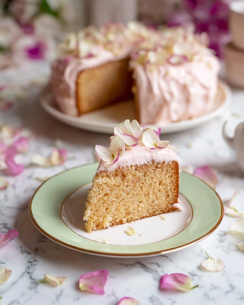 Rose Water Pistachio Cake with Cream Cheese Icing and Rose Petal Decoration Recipe