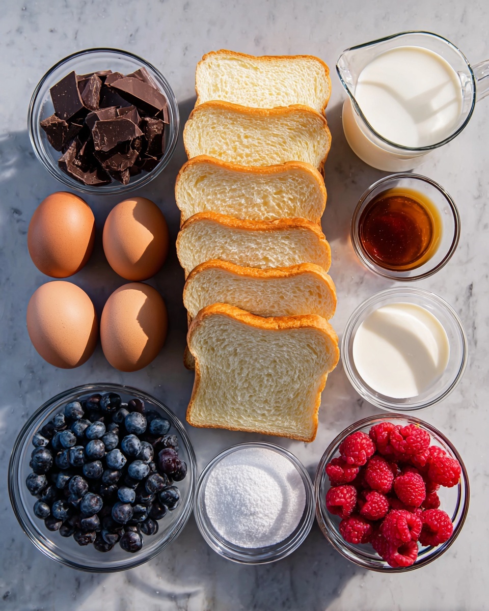 The image shows ingredients neatly arranged on a white marbled surface, ready for making a dessert or breakfast dish. At the center, there is a vertical stack of seven golden-brown slices of bread with a soft texture and slightly crusty edges. Surrounding the bread, there are clear glass bowls containing different items: in the top left is a bowl of small dark chocolate squares; below it, a bowl of fresh blueberries with a deep blue color; and next to the blueberries are three brown eggs arranged in a cluster. On the right side, starting from the top, is a small bowl of dark vanilla extract, followed by a bowl of fine white sugar below it. Below the sugar bowl is a larger bowl filled with creamy white milk or cream, and next to it, on the bottom right, is a bowl full of bright red raspberries. A clear glass pitcher filled with more milk is placed in the top right corner. The composition is neat and colorful, set against the smooth white marbled surface. Photo taken with an iphone --ar 4:5 --v 7