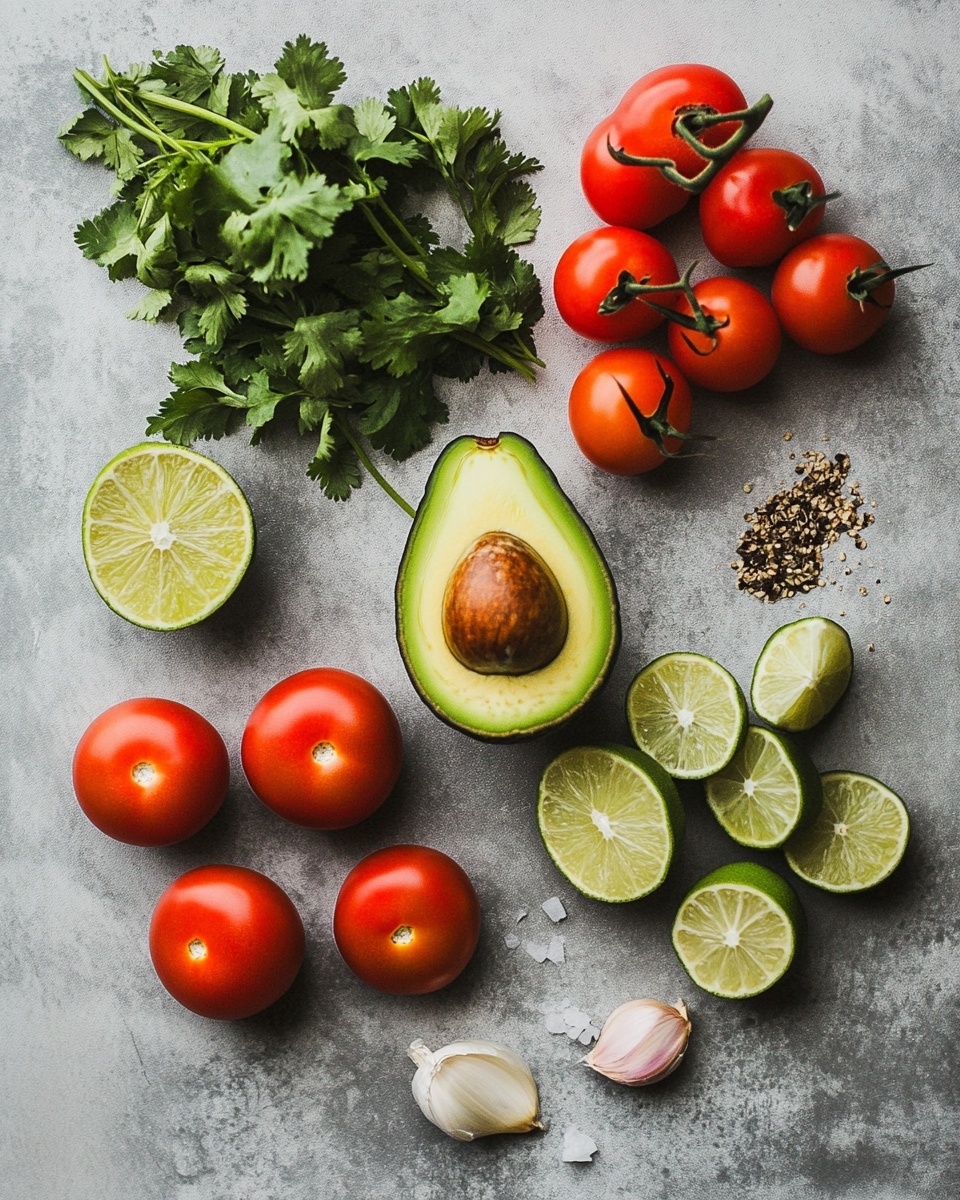 A close-up of a white speckled bowl filled with chunky guacamole, showing green mashed avocado mixed with small pieces of red tomato and purple onion, topped with a single green cilantro leaf. Around the bowl, there are yellow tortilla chips placed on a wooden board. In the background, there is a small white bowl with lime wedges, some scattered cilantro leaves, and more tortilla chips on a white marbled surface. Photo taken with an iphone --ar 4:5 --v 7