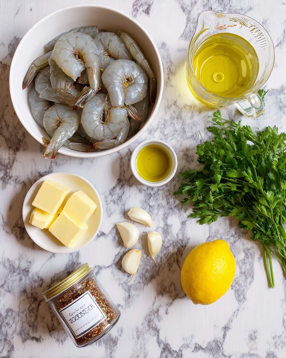 A white bowl filled with raw shrimp that are grayish with darker tails sits on a white marbled surface. Next to the bowl is a bunch of fresh green parsley with broad leaves, a bright yellow lemon with a textured skin, and a clear glass measuring cup filled with a light yellow liquid. In front of these ingredients lies a small transparent bowl holding two cubes of light yellow butter and another small dish with golden olive oil. Nearby are four garlic cloves with light purple streaks, and a small clear jar labeled 