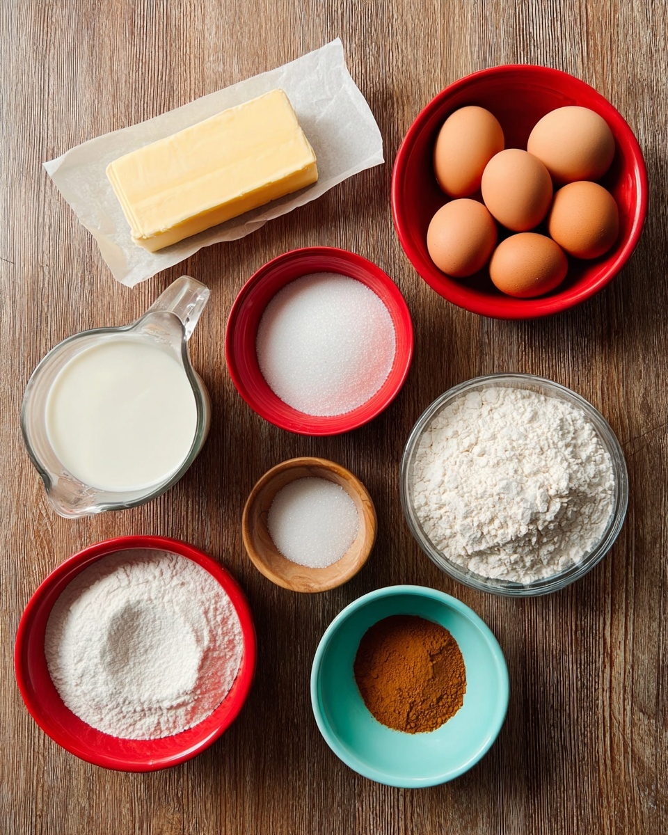 The image shows several cooking ingredients arranged flat on a light brown wooden surface. There is a clear glass measuring cup filled with white liquid on the left. Below it, a rectangular stick of butter wrapped in paper lies flat. To the right, a red bowl is full of white flour with a slightly cracked texture. Next to it, a small round wooden bowl has some salt inside. Above it, a small red bowl contains a small amount of white granulated sugar. On the right, four light brown eggs are grouped together in a cluster. Next to them, an orange bowl is filled with white granulated sugar. Finally, a small light blue bowl holds a brown powder, likely a spice. photo taken with an iphone --ar 4:5 --v 7
