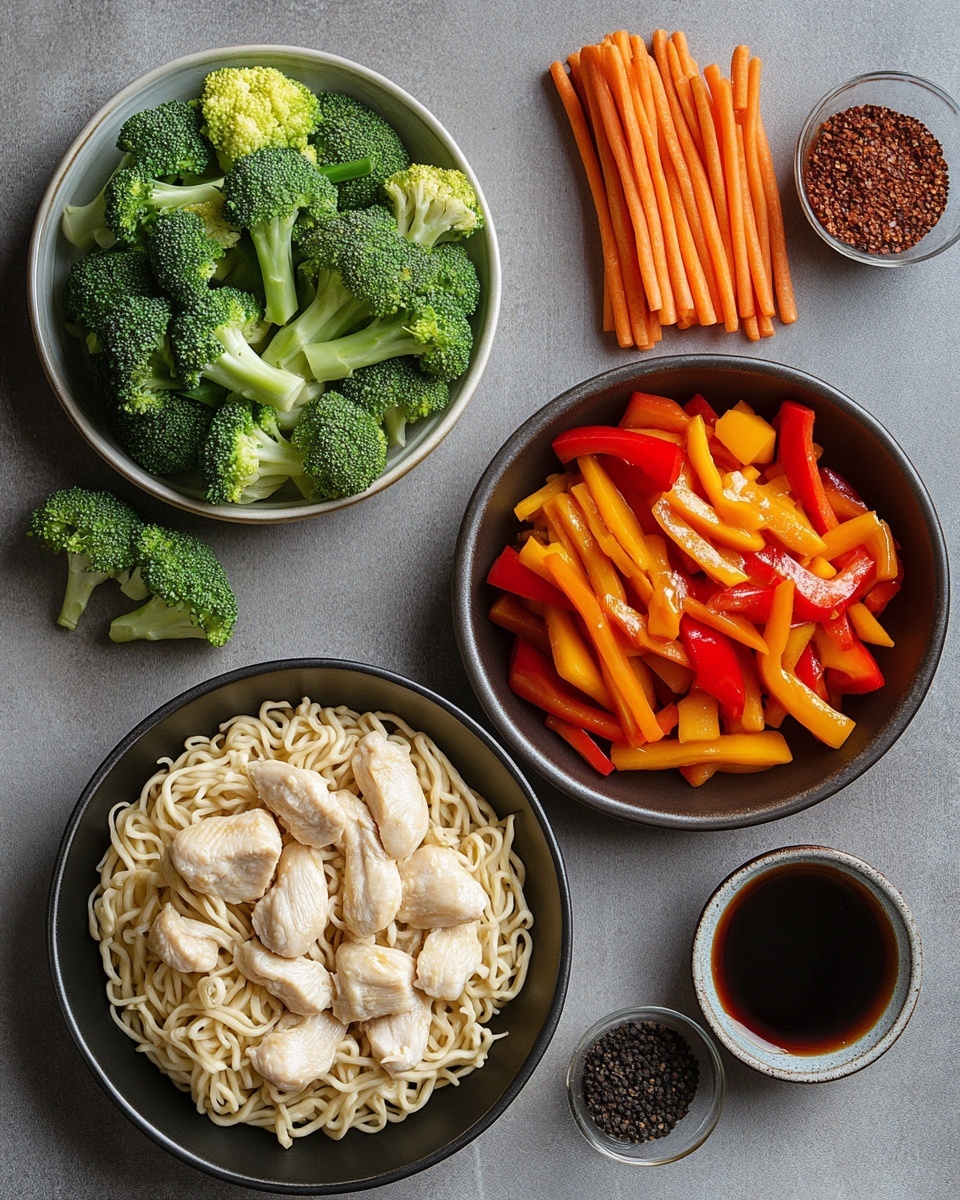 A close-up of a white speckled bowl filled with three layers of yellow stir-fried noodles mixed with green broccoli florets, thin orange carrot strips, red bell pepper slices, and light beige cooked chicken pieces, all sprinkled with white sesame seeds; the bowl rests on a white marbled surface with some sesame seeds scattered around. photo taken with an iphone --ar 4:5 --v 7