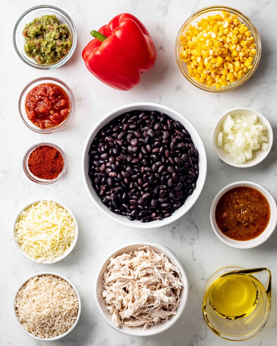 A white plate with ridged edges shows a mound of mixed shredded chicken, black beans, corn, and small red bell pepper pieces, all lightly tossed with herbs. On top of this mix there are small chunks of fresh green avocado spread around. A dollop of white creamy sauce sits in the center, adding a smooth texture contrast to the dish. The plate is placed on a white marbled surface with some green herb sprinkles scattered around. The colors are warm and fresh, with orange, black, red, green, and white tones all visible photo taken with an iphone --ar 4:5 --v 7