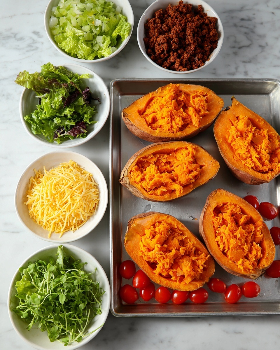 Four halves of baked orange sweet potatoes with textured, mashed filling are placed on a silver baking tray on a white marbled surface. To the left, six white bowls contain various fresh ingredients: chopped green lettuce on the top left, crumbled browned vegan meat below it, fresh green microgreens beneath that, halved bright red cherry tomatoes in the middle right, and shredded yellow cheese on the far right bottom. The arrangement creates a simple and fresh prep scene. Photo taken with an iphone --ar 4:5 --v 7