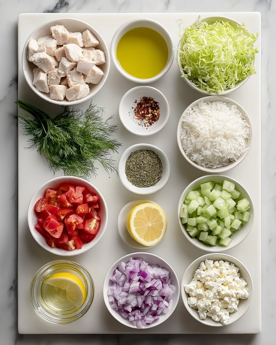 The image shows a white tray on a white marbled surface with 12 small white bowls arranged neatly. The top left bowl holds cubed white meat pieces that look soft and moist. To the right, a small bowl with clear yellow oil is in the middle top. The top right bowl is filled with white cooked rice. Below the rice, another bowl contains half a lemon in clear liquid with a small dill sprig next to it. The middle row has three small bowls: light green chopped lettuce on the left, diced red and white onions mixed with red pieces in the center, and a mix of white and light purple diced onions on the right. Between these are three tiny bowls with dried spices: green herbs on the far left, red chili flakes in the middle, and a grayish black pepper mix on the right. The bottom row contains diced cucumber chunks in the left bowl, bright golden olive oil in the middle, and white crumbled cheese filling the bowl on the right. Some fresh dill sprigs lay near the bowls for decoration. The whole setup is tidy, fresh, and colorful, showing the ingredients for a fresh salad or light meal photo taken with an iphone --ar 4:5 --v 7