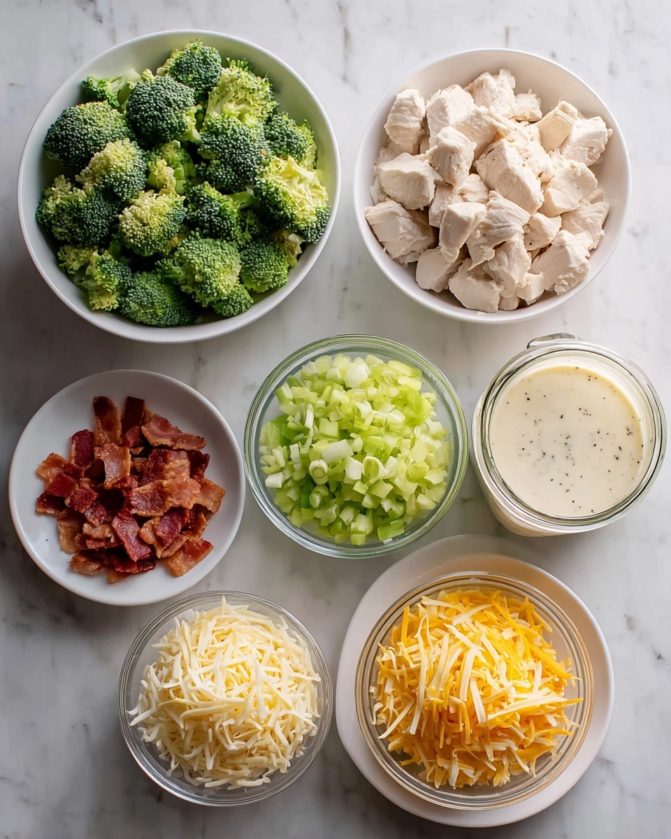 The image shows seven white bowls arranged on a white marbled surface. In the top left, a bowl is full of fresh green broccoli florets, vibrant and textured. To the right, a small round bowl holds light yellow shredded cheese, and next to it, a glass jug contains creamy white sauce with some green specks. Below these, a bigger glass bowl has bright orange shredded cheese, while a smaller white bowl beside it holds pale white shredded cheese. In the bottom left, a white bowl is filled with chunked cooked chicken pieces, pale and tender looking. Next to it, a white plate contains crispy brown bacon strips, and in the bottom right, a small white cup has chopped white onions. The photo is taken with an iphone --ar 4:5 --v 7