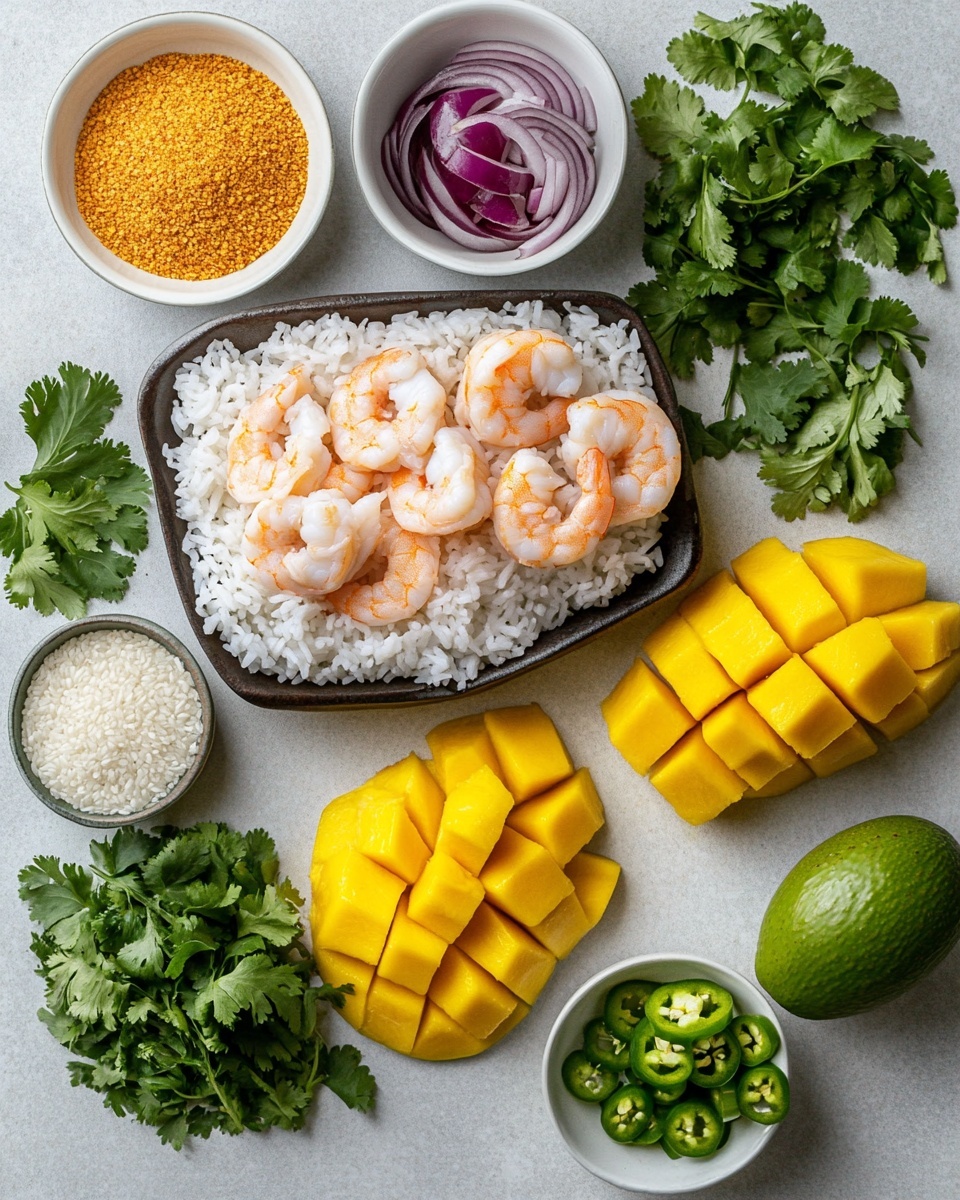 A white bowl filled with a base layer of white rice topped with three main sections: on one side, thin, neatly arranged slices of bright green avocado with a drizzle of orange sauce and black sesame seeds; next to it, golden yellow pineapple chunks mixed with green herbs and sprinkled with black sesame seeds; and on the other side, grilled shrimp with a reddish-brown char and also drizzled with the same orange sauce and black sesame seeds. There is a small amount of fresh green cilantro and some purple cabbage placed near the shrimp on top. The bowl rests on a white marbled surface. photo taken with an iphone --ar 4:5 --v 7
