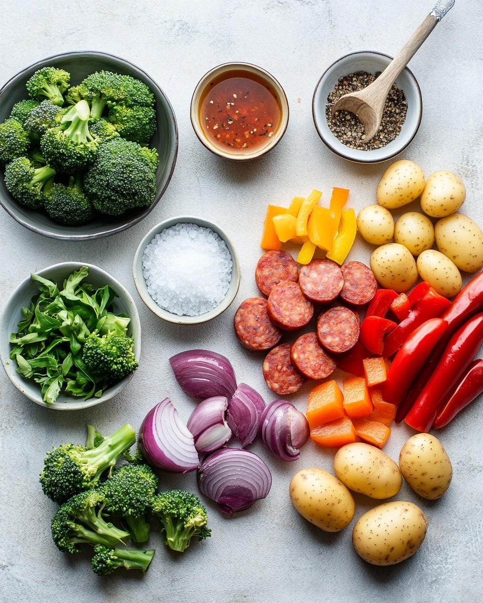 The image shows a black pan filled with cooked vegetables and sausage pieces. The dish has three layers of main items: round light brown potatoes with a smooth texture and shiny coating sitting at the base, bright orange carrots placed on top of and among the potatoes, and round slices of dark reddish-brown sausage scattered throughout. Small green herb flakes are sprinkled over everything, adding a fresh touch. Some small green broccoli florets are also visible, adding color contrast. The pan rests on a white marbled surface. Photo taken with an iphone --ar 4:5 --v 7