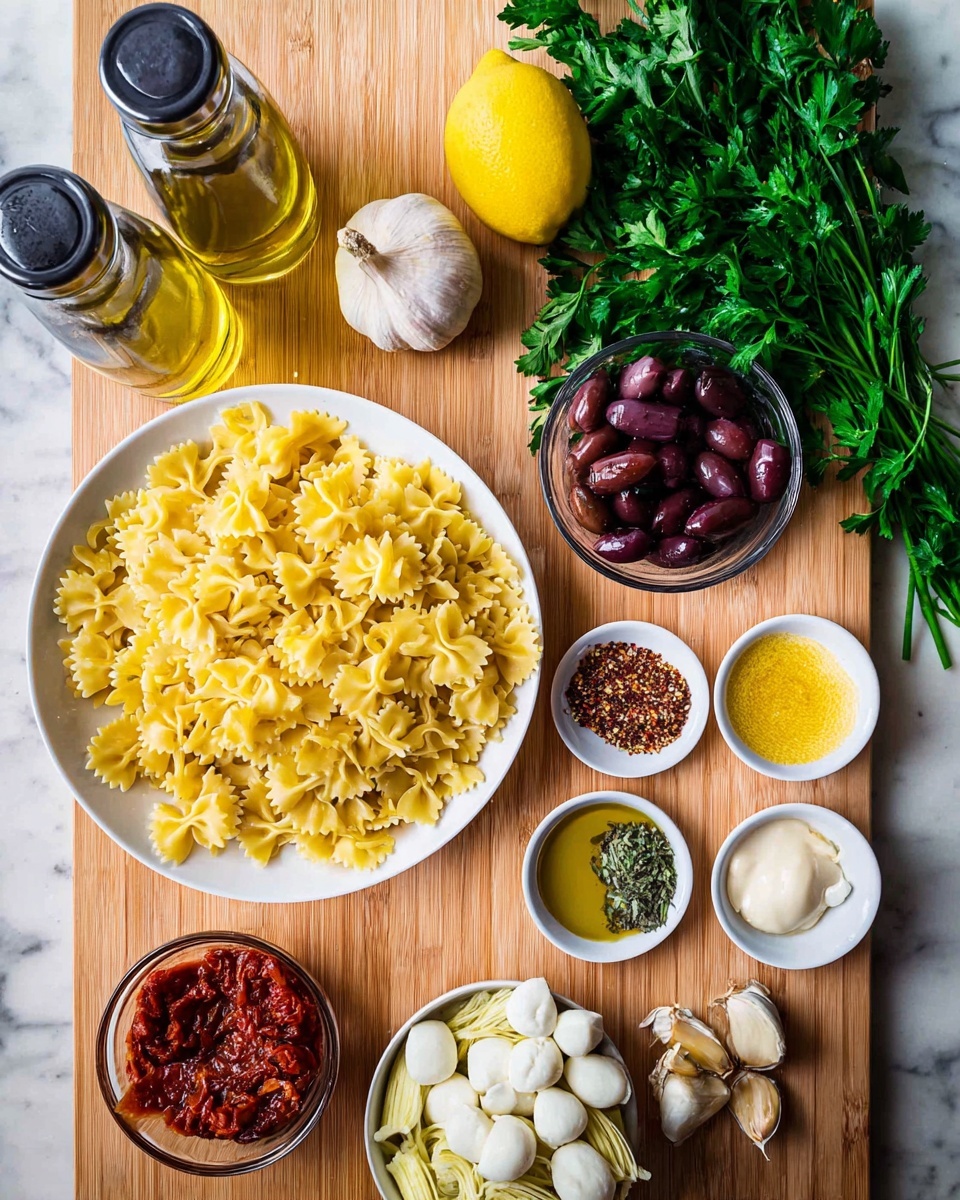 A collection of ingredients is shown from above on a wooden surface with a white marbled texture. At the bottom left, a white bowl holds several pale yellow artichoke hearts. To its right, another white bowl contains small white mozzarella balls with some black pepper on top. Above these bowls, a wooden cutting board holds a bunch of fresh green parsley, a small glass bowl of dark purple olives near the center, and a glass bowl of bright red sun-dried tomatoes below the olives. To the left of the cutting board, a white plate is filled with uncooked farfalle pasta in a light yellow color. Above the pasta, there is a whole lemon with a bright yellow peel. Nearby, a small metal cup contains dried green herbs, another metal cup has coarse white salt, and a third metal cup holds red chili flakes. A small glass bowl with some yellow mustard sits close by, and two squeeze bottles, one clear with olive oil and one darker with vinegar, are placed near the top left. A head of garlic rests at the top right. The photo is taken with an iphone --ar 4:5 --v 7