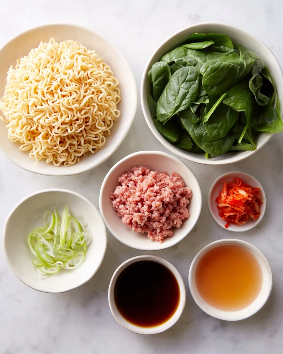 A white bowl sits on a white marbled surface, filled with a rich brown broth. Inside, yellow noodles climb from the right side, soft and slightly curled. On the left, a heap of cooked ground meat with a crumbly texture rests below dark green wilted leafy vegetables positioned at the top left. In the center, bright red thin strips, likely pickled, add contrast with a small pile of chopped green onions scattered below them. A white ceramic spoon is placed inside the bowl on the right side, while a pair of dark wooden chopsticks rests across the bowl's rim. Photo taken with an iphone --ar 4:5 --v 7
