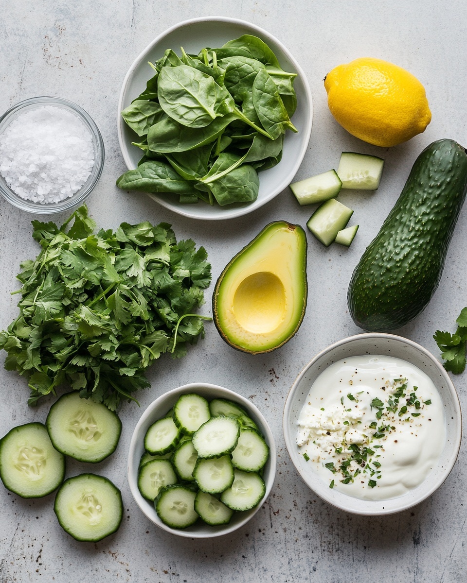 A large round white bowl holds a colorful salad with five visible layers arranged side by side. Starting from the top left, thin green slices of avocado are fanned out, showing smooth, creamy texture with some sprinkled red pepper flakes and small white crumbles of cheese on top. Next to the avocado are small sliced cucumbers mixed with fine green chopped spring onions, topped with more white crumbles and tiny black pepper specks. Below the cucumbers is a layer of chopped dark green spinach leaves with a few sprigs of dill scattered, also sprinkled with cheese crumbles. To the left of the spinach, there is a layer of finely shredded pale green cabbage with small dill sprigs and cheese sprinkled on it. The salad rests on a white marbled surface with scattered cucumber pieces and a wooden spoon visible near the bowl. Photo taken with an iphone --ar 4:5 --v 7
