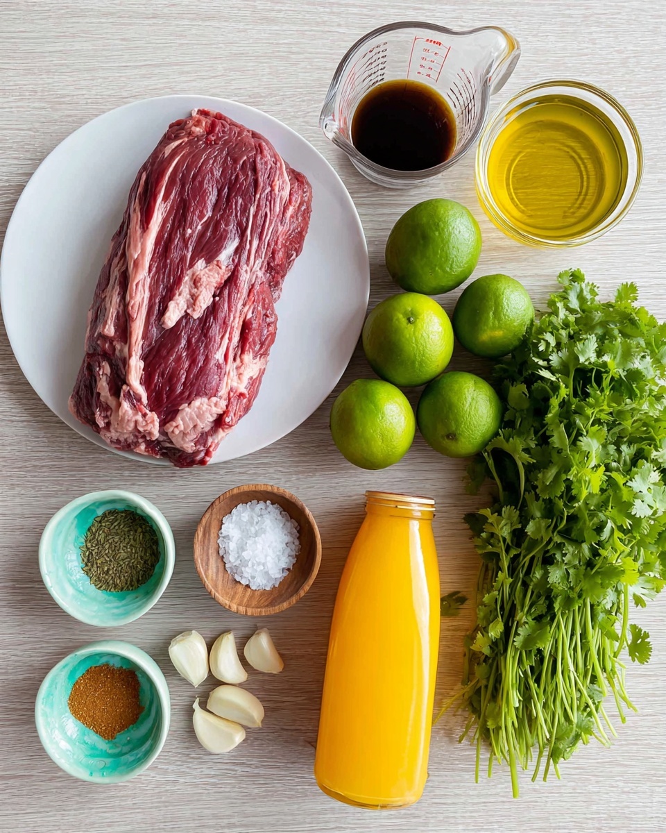 Three soft white corn tortillas are laid flat on a dark surface with a white marbled texture. Each tortilla is topped with an even layer of sliced cooked steak, which is a mix of light and dark brown with a slightly pink center. On top of the steak are scattered small white chopped onions and fresh green cilantro leaves. There are two lime wedges placed between the tortillas, adding bright green and yellow tones. Some cilantro leaves are spread loosely on the surface around the tortillas. The lighting is natural, showing the textures clearly. photo taken with an iphone --ar 4:5 --v 7