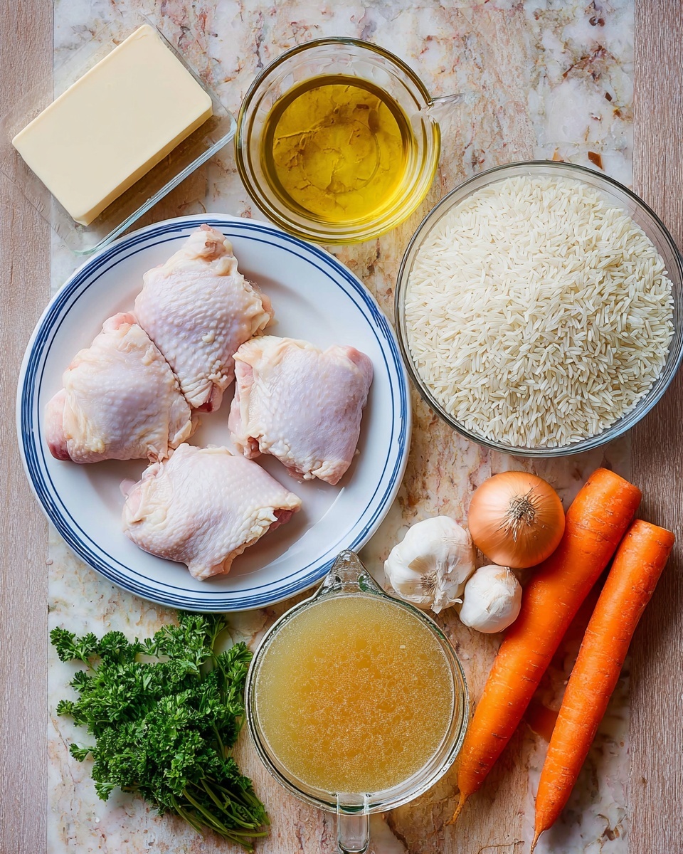 The image shows several cooking ingredients arranged neatly on a surface with a white marbled texture. In the center-left, four raw chicken thighs sit on a white plate with blue stripes. Below the plate, two orange carrots, a whole onion, and a garlic bulb are placed side by side. To the right, a clear glass bowl filled with white uncooked rice stands next to fresh green parsley. In the lower-right corner, a small white bowl holds grated cheese. A large clear glass measuring cup filled with yellowish chicken broth is placed in front of the rice bowl. At the top left, a glass cup with a small amount of clear cooking oil and a white rectangular block of butter are visible. The photo is taken with an iphone --ar 4:5 --v 7