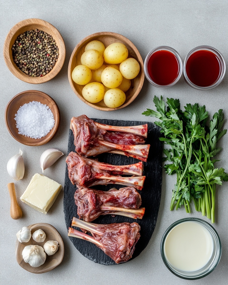 This image shows four large pieces of dark brown cooked meat placed closely together, each with a rich, thick red sauce covering them in a white bowl. One piece features a visible bone at the center, adding texture, while another has a whole cinnamon stick resting on top along with a shiny bay leaf. Small green herb leaves are scattered across the dish, contrasting with the deep red sauce and the dark, slightly crispy parts of the meat. The sauce has a smooth, glossy look with some oil pooling around the edges, all set on a white marbled surface photo taken with an iphone --ar 4:5 --v 7