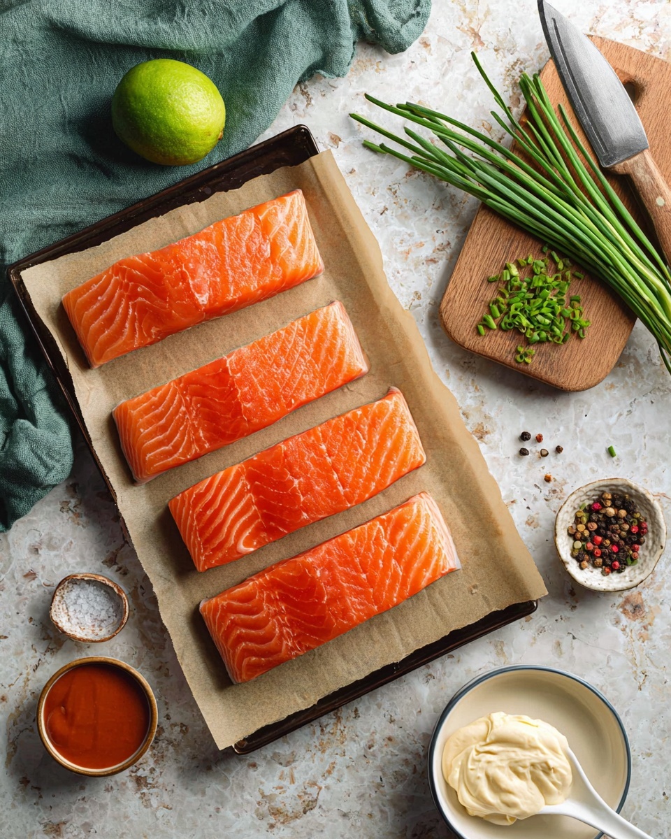 Three pieces of cooked salmon with a crispy golden brown top layer, each topped with small green herb bits and a few drops of sauce, placed on a white plate. The middle piece is partially broken, being lifted by a fork with a close-up focus, showing layers of soft pink fish inside. Several lime wedges with bright green skin and pale juicy flesh are arranged on the plate as garnish. The plate rests on a green cloth with a white marbled textured surface beneath, and in the blurred background, a green bowl with sauce and a small plate with coarse salt are visible. Photo taken with an iphone --ar 4:5 --v 7