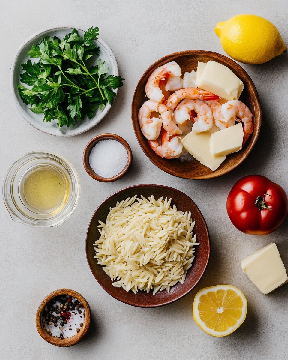 A silver pan filled with three main layers: the bottom layer is light brown orzo pasta, next are many bright orange shrimp with their tails on, spread evenly on top of the pasta, and scattered fresh green chopped herbs cover the shrimp and pasta. There are also three yellow lemon wedges placed on top, adding contrast and freshness to the dish. A silver spoon rests inside the pan, showing some shrimp and pasta on it. The background is a white marbled texture. photo taken with an iphone --ar 4:5 --v 7