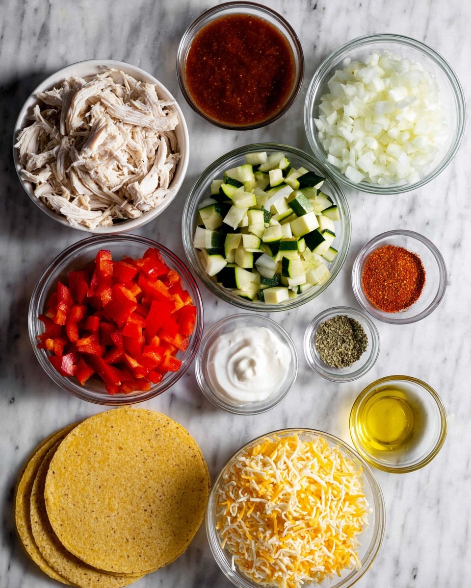 The image shows a white marbled surface with several clear glass bowls and one white bowl holding different ingredients for a meal. There is a stack of yellow corn tortillas at the bottom center with a slightly rough texture. To the left, a white bowl contains shredded light beige chicken. Above the chicken, a small white bowl is filled with a mix of shredded white and orange cheese. Nearby, there are three small glass bowls arranged horizontally, with dark reddish-brown sauce, white creamy sour cream, and diced white onions. To the right of the onions, two smaller clear bowls hold dark reddish-brown spice and green dried herbs. Below these, a small bowl of pale yellow olive oil sits next to a bowl filled with chopped green zucchini, and another bowl with diced bright red bell peppers. Everything is neatly arranged on the smooth white marbled surface, photo taken with an iphone --ar 4:5 --v 7