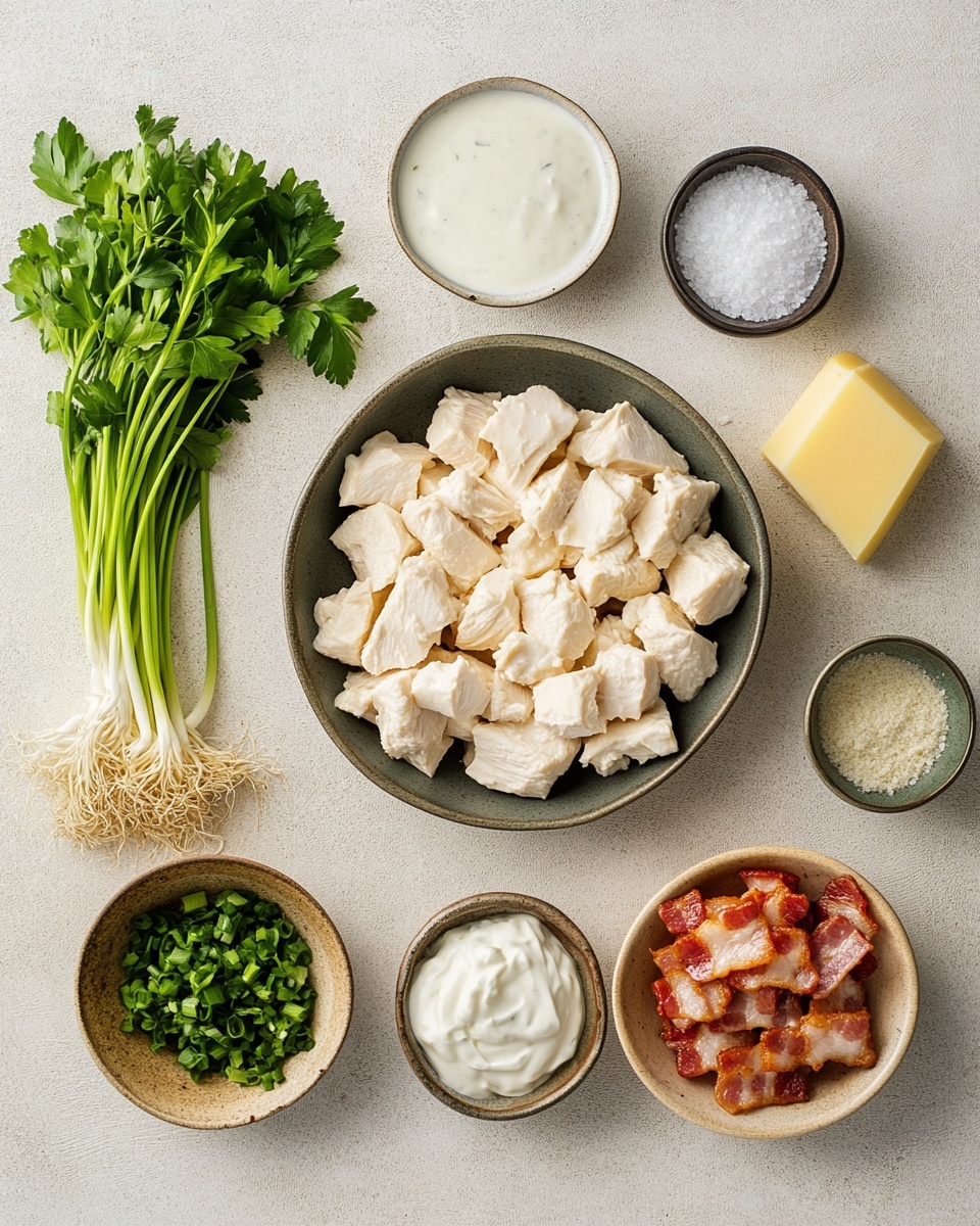 A white rectangular baking dish filled with a creamy sauce base in light yellow with specks of herbs. On top, there are large pieces of cooked chicken in off-white color, partially covered with melted orange-yellow cheese. Crispy, dark brown bacon bits are scattered over the cheese and chicken pieces. The dish is finished with chopped green onions spread evenly on top. The baking dish sits on a white marbled surface. photo taken with an iphone --ar 4:5 --v 7