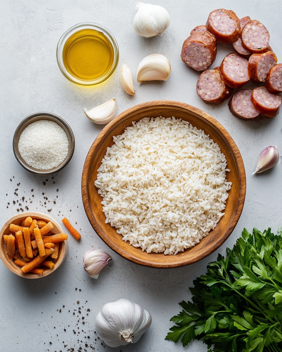 The dish shows a close-up of cooked rice mixed with sliced browned sausage pieces and light brown chicken chunks all coated in a rich, slightly watery sauce. Bright green chopped herbs are sprinkled evenly on top, adding a fresh texture. The ingredients are mixed well and fill the white pot almost to the top, with the sauce visible between layers of rice and meat. The pot is placed on a white marbled surface. photo taken with an iphone --ar 4:5 --v 7