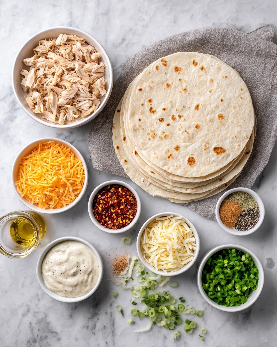 A stack of light beige tortillas with small brown spots is placed on a gray cloth in the center on a white marbled surface. Surrounding the tortillas are ten small white bowls arranged in a circle. Starting at the top and going clockwise, the bowls contain shredded cooked chicken colored light tan, white sour cream with green herbs sprinkled on top, bright orange shredded cheese, a bowl with dark dried herbs, a bowl of golden olive oil, a bowl with light beige seasoning, a bowl with black ground pepper, a bowl of chopped green onions with a few scattered outside the bowl, a bowl with small yellow granules, and finally a bowl of reddish-brown chili flakes. The textures range from soft shredded chicken to powdery spices and liquid oil, creating a colorful, organized arrangement. Photo taken with an iphone --ar 4:5 --v 7
