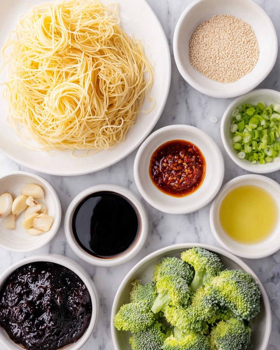 A bowl of dark brown noodles sits on a white marbled surface, with green broccoli florets placed evenly on top and mixed within the noodles. Thin slices of light green scallions are scattered across the noodles. White sesame seeds are sprinkled over the whole dish. Two wooden chopsticks rest on the right edge of the bowl. The bowl itself is white, creating a clean and simple contrast with the food colors. photo taken with an iphone --ar 4:5 --v 7