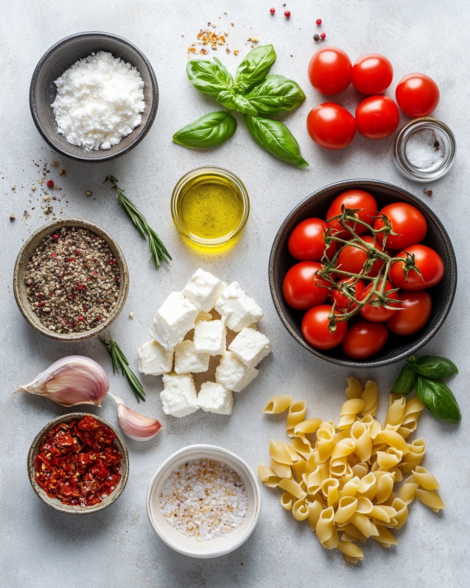A plate of rigatoni pasta is shown on a white plate with a blue rim, arranged in a small pile at the center. The pasta pieces are large, hollow tubes with a yellow color and slightly ridged texture. Mixed in the pasta are small pieces of red tomatoes and bright green spinach leaves, adding color contrast. Thin shavings of pale cheese are scattered on top and around the pasta, along with small basil leaves for garnish. A gold fork rests diagonally on the right edge of the plate. The plate is placed on a white marbled surface with a small white bowl of cheese slices and a red cloth napkin nearby. Photo taken with an iphone --ar 4:5 --v 7