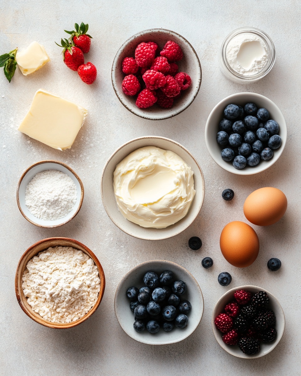 A square piece of cake sits on a white plate with scalloped edges on a white marbled surface. The cake has two layers: a thick, light yellow sponge layer at the bottom with a fluffy texture and a smooth, white cream layer on top. Fresh berries cover the cream layer, including halved red strawberries, whole blueberries, and a red raspberry, adding bright red and dark blue colors with soft and bumpy textures. Tiny light purple edible flowers are scattered among the berries, giving a delicate touch. A blurred plate of mixed berries is in the background. photo taken with an iphone --ar 4:5 --v 7