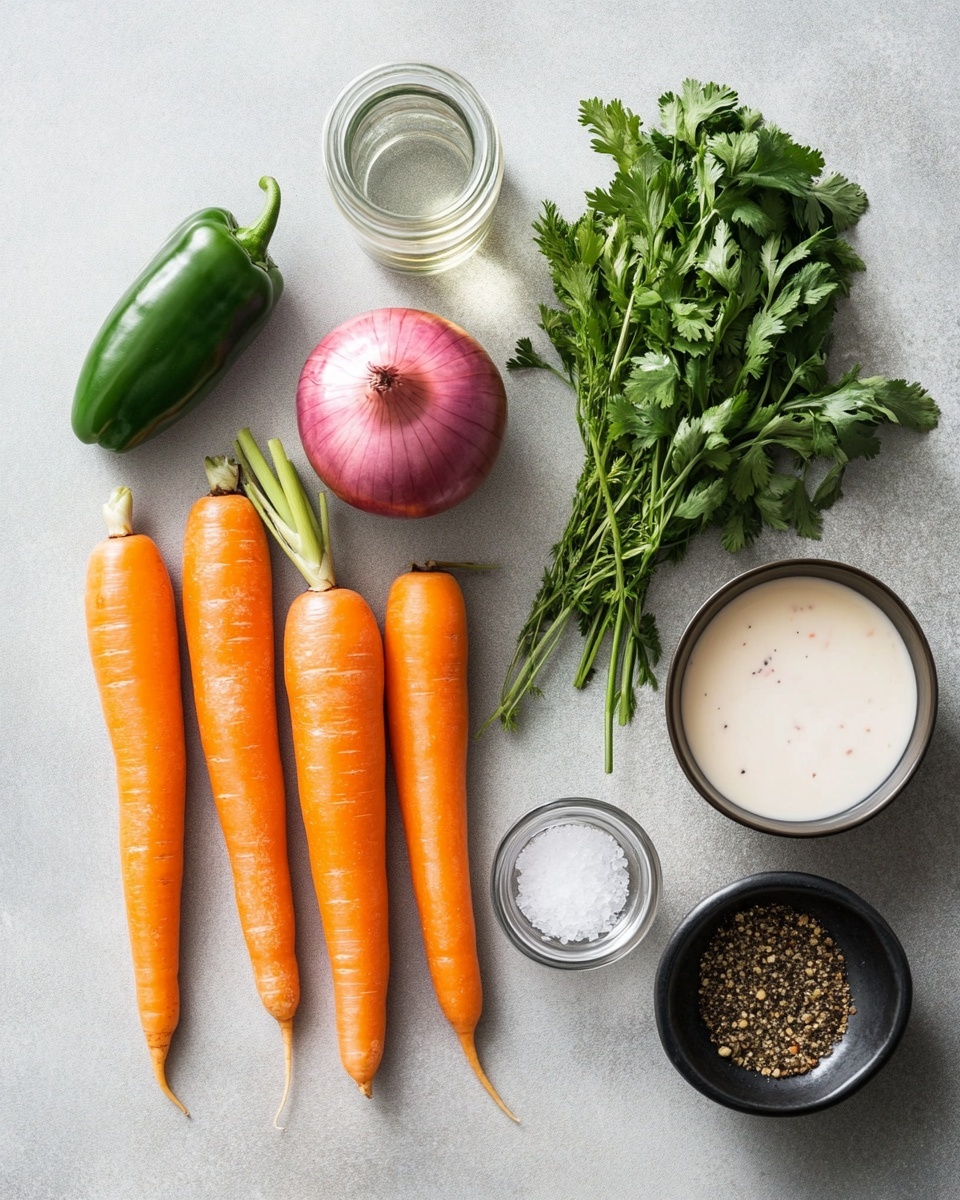A transparent round bowl is filled with three layers of pickled vegetables. The bottom layer is a light orange liquid with specks of herbs and spices floating in it. The middle and top layers hold plenty of thick, round carrot slices in bright orange, mixed with semi-translucent curved strips of red onion, and whole jalapeño slices in green. The bowl is placed on a white marbled surface, and the scene is brightly lit to show the glossy texture of the vegetables and liquid. photo taken with an iphone --ar 4:5 --v 7