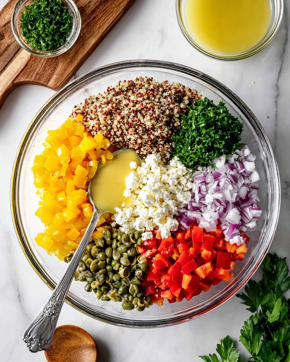 A large white bowl is filled with a quinoa salad showing at least four layers: the base is speckled quinoa in shades of beige and light brown, mixed with small chunks of bright yellow bell pepper, red bell pepper, finely chopped red onion with a purple hue, and green cucumber pieces with a slightly shiny texture. There are scattered small white pieces of cheese and some green capers throughout, giving the salad an uneven texture and colorful look. A silver spoon is partially placed inside the bowl on the right side, embedded in the salad. The bowl sits on a white marbled surface with some parsley leaves placed nearby and a white linen cloth edge visible bottom right. photo taken with an iphone --ar 4:5 --v 7