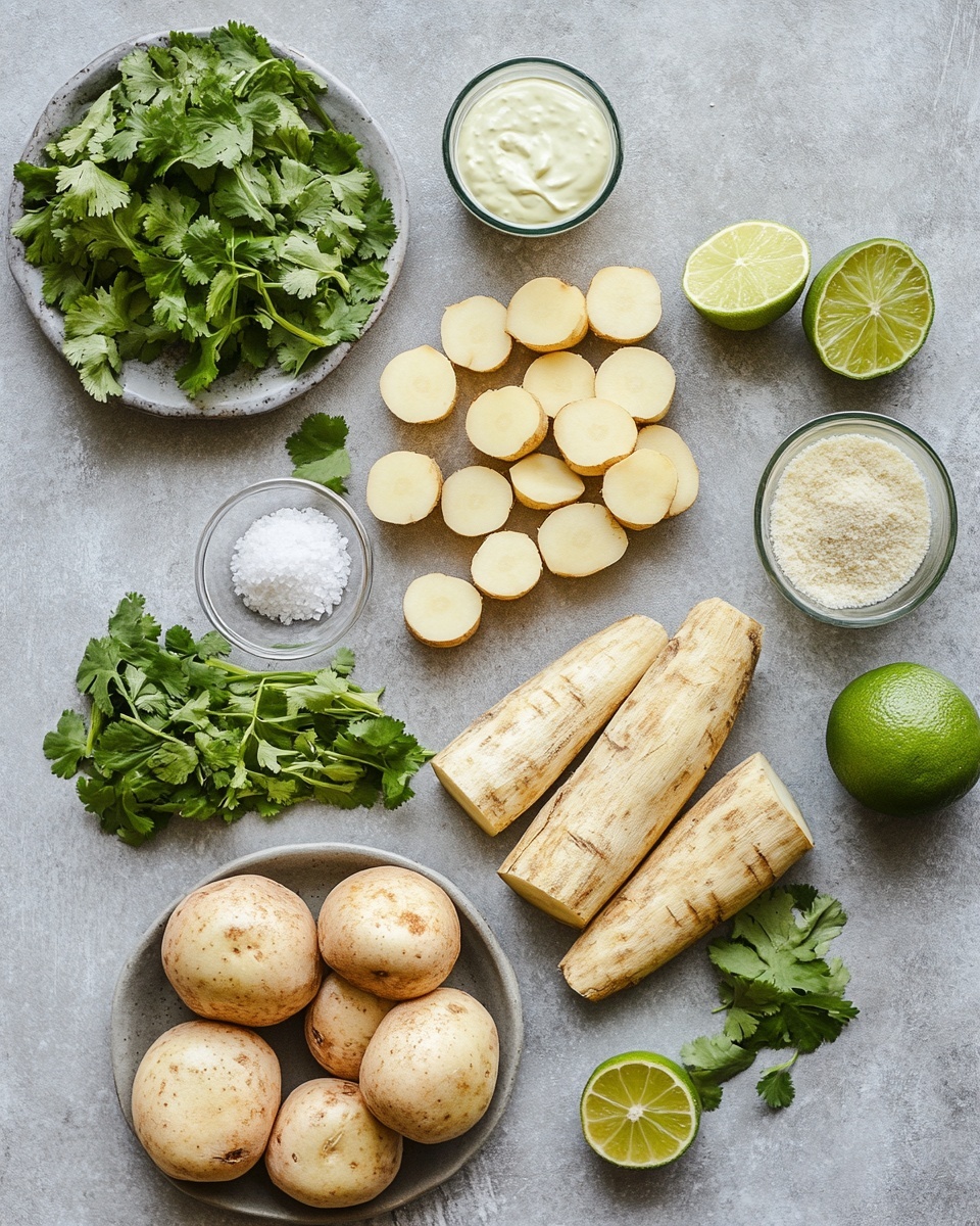A white round plate is filled with crispy light golden-brown fries made from root vegetables, arranged in a scattered pile with some green herb leaves sprinkled on top. A small white bowl sits on the right side of the plate, holding a smooth green dipping sauce with some herb pieces on its surface. The plate is placed on a white marbled textured surface with some herbs casually placed nearby. photo taken with an iphone --ar 4:5 --v 7