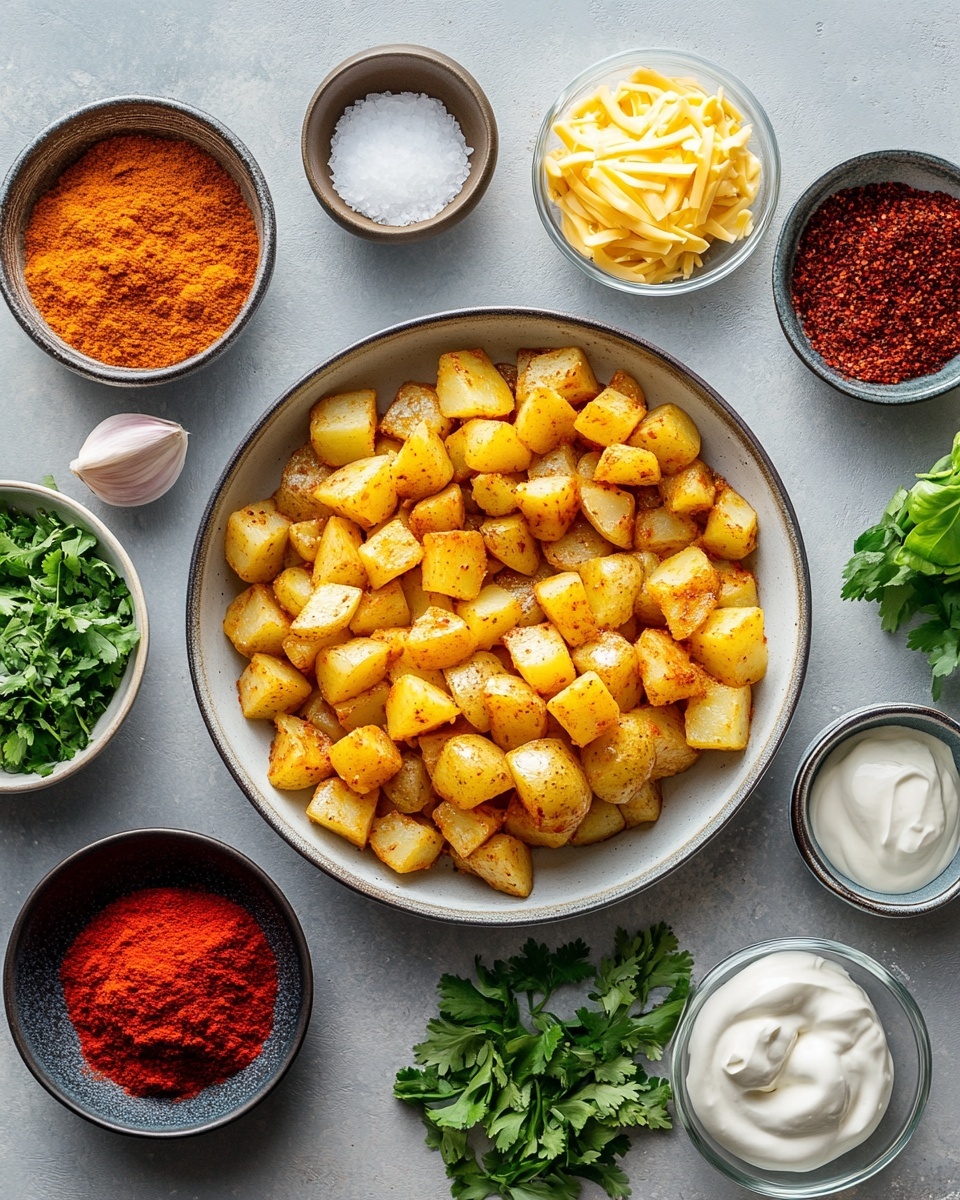 A white bowl filled with golden brown roasted potato chunks as the base layer, topped with seasoned minced meat showing a rich dark brown color. Over the meat is a layer of melted yellow cheese with small bits of red pepper mixed in. In the center, a dollop of white sour cream is placed, sprinkled with finely chopped green onions and parsley, adding fresh green color to the dish. The bowl sits on a white marbled surface with a striped cloth beside it. photo taken with an iphone --ar 4:5 --v 7
