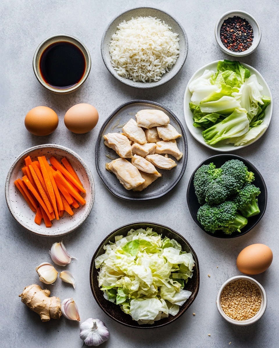 A light green bowl filled with fried rice that has three main layers: a base layer of brown, well-cooked rice mixed with bits of scrambled egg, scattered chunks of light golden chicken pieces, and bright green broccoli florets. On top, finely chopped green onions add fresh color, along with small white sesame seeds sprinkled across the center. The bowl sits on a white marbled surface with some chopped green onions nearby and a bunch of green onions to the side. photo taken with an iphone --ar 4:5 --v 7
