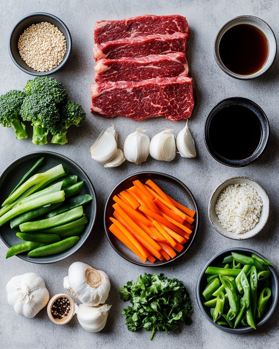 A close-up view of a cooked beef stir-fry with several layers: the bottom layer is shiny green broccoli with a rough texture, mixed with snap peas and yellow and red bell pepper strips showing a smooth, soft texture. On top, there are medium-sized brown beef pieces with a glossy sauce coating and small green chopped onions sprinkled across. The dish is presented on a white marbled surface, emphasizing the rich colors of the beef and vegetables clearly. photo taken with an iphone --ar 4:5 --v 7