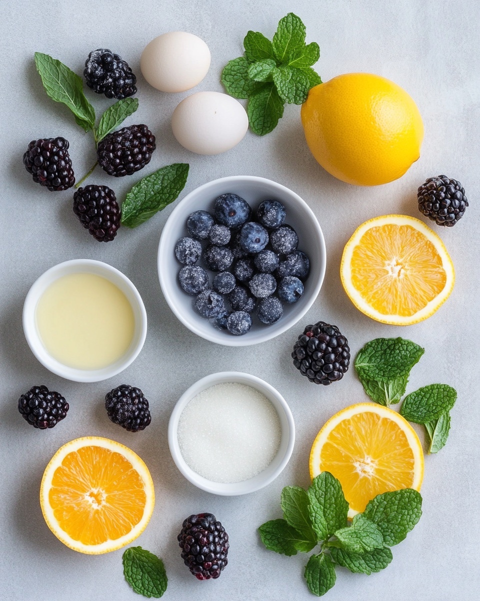 A small round pavlova with a soft, cracked white meringue base, topped with a smooth, light orange creamy layer in the center. On top of the cream, there are three dark blue blueberries, one black mulberry, and two small bright green mint leaves placed as decoration. The pavlova sits directly on a white marbled surface. Part of a metal tray with brown parchment paper is visible at the bottom edge. photo taken with an iphone --ar 4:5 --v 7